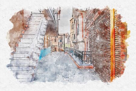 Watercolor sketch or illustration of the traditional European urban architecture in Tbilisi. Capital of Georgiaの写真素材