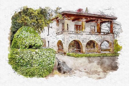 Watercolor sketch or illustration of Tsinandali Palace and garden, Chavchavadze House Museum. Kakheti, Georgiaの写真素材