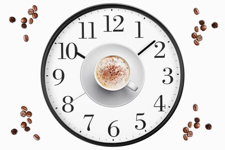 Coffee Time Composition. Coffee cup over clock face and roasted beans top view. Coffee time symbol....