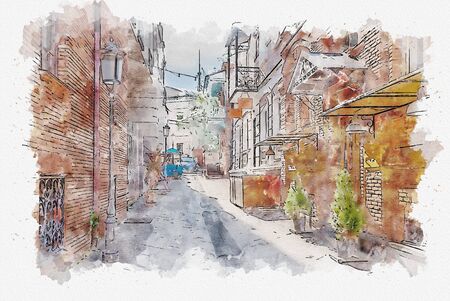 Watercolor sketch or illustration of the traditional European urban architecture in Tbilisi. Capital of Georgiaの写真素材