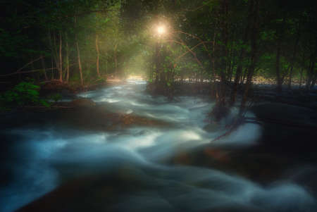 Beautiful long exposure of a river in Georgia. Caucasus Mountains. Summer landscape
