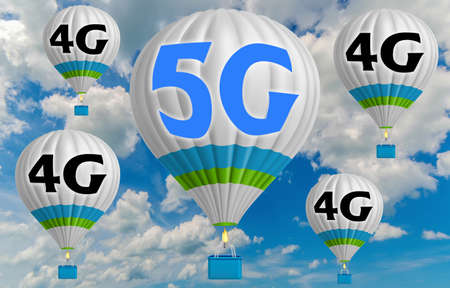 Hot air balloons with 5G technology concept. communication internet online technology concept. 5g communication network system. 3d illustration.の写真素材
