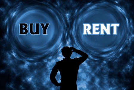 Abstract background with buy or rent concept, real estate question, businessman making decision. 3d...