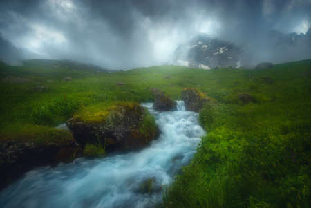 Beautiful long exposure of a river in Georgia. Caucasus Mountains.の写真素材