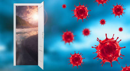 Door open to new better world after Coronavirus COVID-19. Hope for the future concept. 3D illustration.の写真素材