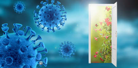 Door open to new better world after Coronavirus COVID-19. Hope for the future concept. 3D illustration.の写真素材
