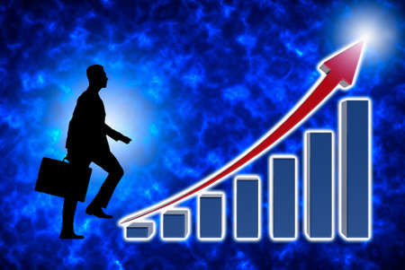 Businessman climbing stairs with economic charts, growth chart of profits. Abstract background. 3d Illustration.の写真素材