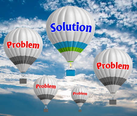 Hot air balloons with SOLUTION concept. Abstract background, Thinking and Creativity. 3d Illustration.の写真素材