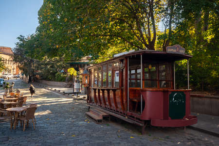 Georgia, Tbilisi - October 23, 2020: Restaurant and bar in the Old Town district of the city Tbilisi.のeditorial素材
