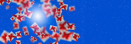 Merry Christmas and Happy Holidays greeting card, frame, banner. Christmas background with Large set of beautiful gift or present boxes.3d illustration.の写真素材