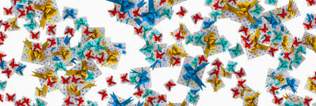 Merry Christmas and Happy Holidays greeting card, frame, banner. Christmas background with Large set of beautiful gift or present boxes.3d illustration.の写真素材