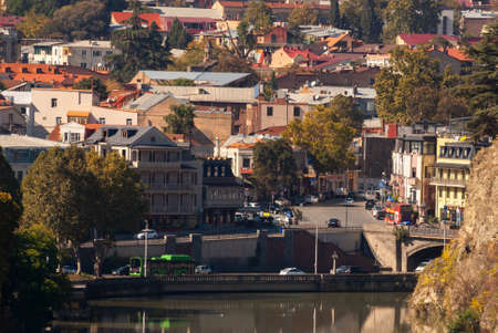 Georgia, Tbilisi - October 23, 2020: Panoramic view of the old town of Tbilisi, Georgia.のeditorial素材