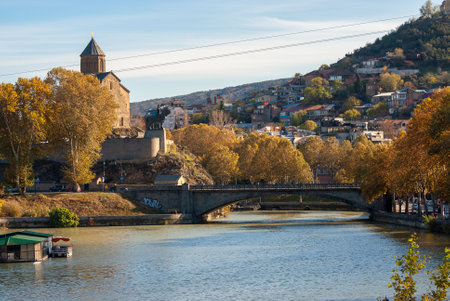 Georgia, Tbilisi - November 22, 2020: Evening View Of Tbilisi At Colorful Sunset, Georgia. Beautiful Old town at sunset.のeditorial素材