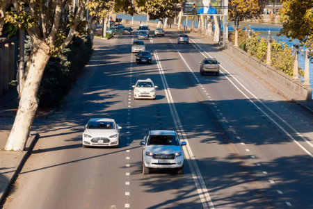 Georgia, Tbilisi - November 22, 2020: Traffic on city street.のeditorial素材