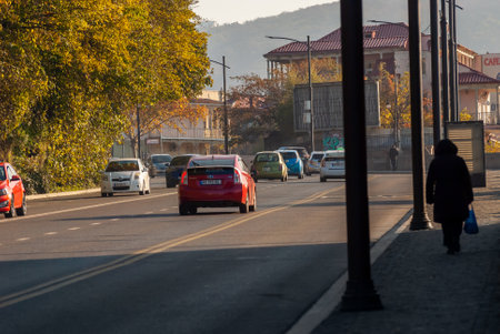 Georgia, Tbilisi - November 28, 2020: Traffic on city street.のeditorial素材