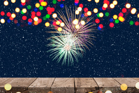 Abstract Snowy Christmas Background. Wooden Table With fireworks in the sky. 3d illustration.