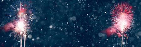 Fireworks on abstract snowy background, party concept with advertising space. 3d illustration.の写真素材