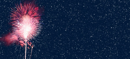 Fireworks on abstract snowy background, party concept with advertising space. 3d illustration.の写真素材