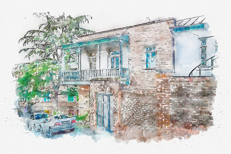 Watercolor sketch or illustration of a beautiful view of the traditional European urban architecture in Tbilisi. Capital of Georgia.の写真素材