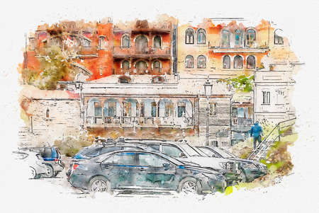 Watercolor sketch or illustration of a beautiful view of the traditional European urban architecture in Tbilisi. Capital of Georgia.の写真素材