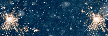 Burning sparklers on abstract snowy background, party concept with advertising space. 3d...
