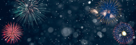 Fireworks on abstract snowy background, party concept with advertising space. 3d illustration.の写真素材