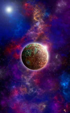 Unknown planet from outer space. Space nebula. Cosmic cluster of stars. Outer space background. 3D...