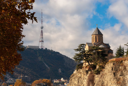 Beautiful view of Metekhi church in Old Town Tbilisi, Georgia.