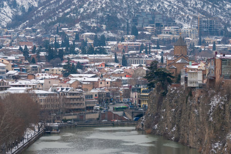 Georgia, Tbilisi - February 25, 2021: Winter panoramic view of the old town of Tbilisi, Georgia.のeditorial素材