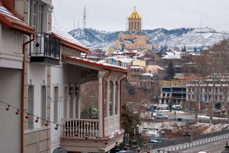 Georgia, Tbilisi - February 25, 2021: Houses with balconies in the historic district of Tbilisi. Georgia. Winter View. Beautiful Old town.のeditorial素材