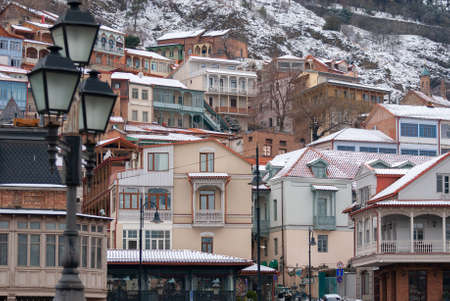 Georgia, Tbilisi - February 25, 2021: Houses with balconies in the historic district of Tbilisi. Georgia. Winter View. Beautiful Old town.のeditorial素材