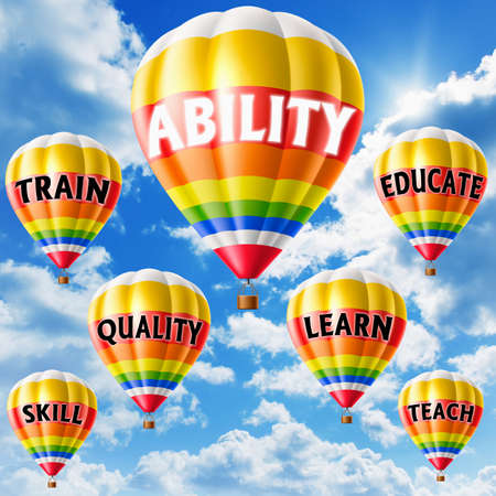 Hot air balloons with ABILITY concept. Abstract background, Thinking and Creativity. 3d illustration.の写真素材