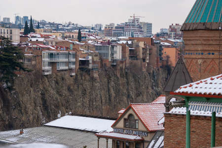 Georgia, Tbilisi - February 25, 2021: Winter panoramic view of the old town of Tbilisi, Georgia.