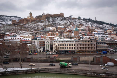 Georgia, Tbilisi - February 25, 2021: Winter panoramic view of the old town of Tbilisi, Georgia.のeditorial素材