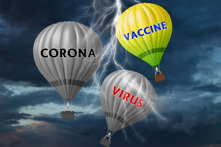 Hot air balloons with coronavirus vaccine concept. Abstract background. 3d Illustration.