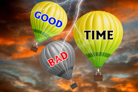Hot air balloons with Good or bad time concept. Abstract background. 3d Illustration.の写真素材