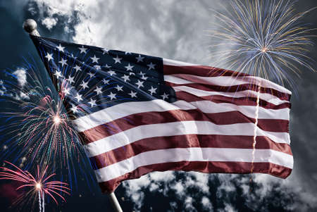 USA 4th of july independence day background of american flag with fireworks, Celebration Concept.