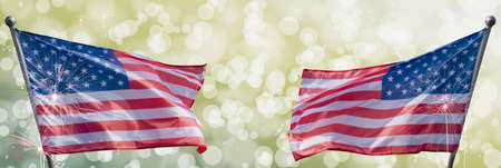 USA 4th of july independence day background of american flags with fireworks, Celebration Concept.