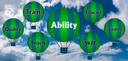 Hot air balloons with ABILITY concept. Abstract background, Thinking and Creativity. 3d illustration.の写真素材