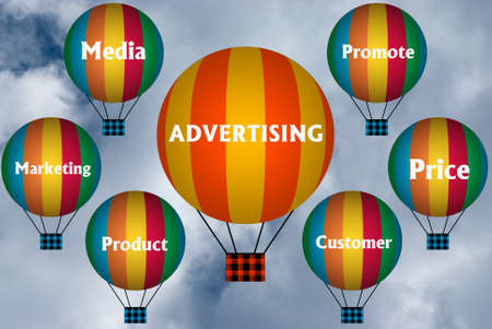 Hot air balloons with ADVERTISING concept. Abstract background, Thinking and Creativity. 3d...