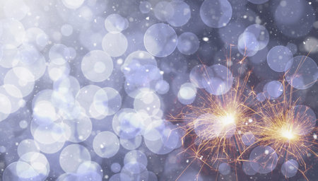 Burning sparklers on abstract snowy background. New Year celebration. 3d illustration.の写真素材