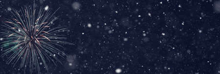 Fireworks on abstract snowy background, party concept with advertising space. 3d illustration.