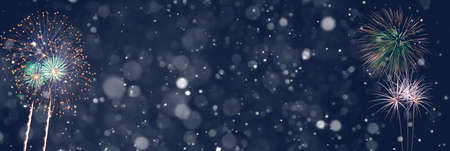 Fireworks on abstract snowy background, party concept with advertising space. 3d illustration.の写真素材