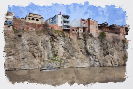 watercolor illustration. Panoramic view of Tbilisi. Capital of Georgia.の写真素材