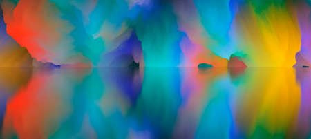 magical world. Abstract Landscape, surreal lake and reflections. art, creativity and imagination. 3d illustration.の写真素材
