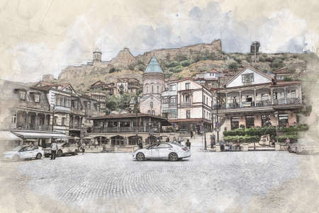 Sketch or illustration of a beautiful view of the traditional European urban architecture in Tbilisi. Capital of Georgia.の写真素材