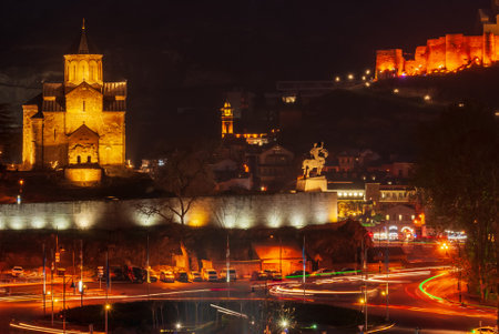 Georgia, Tbilisi - December 30, 2021: View of Metekhi church in Tbilisi at night.のeditorial素材