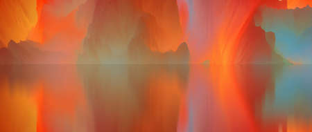 magical world. Abstract Landscape, surreal lake and reflections. art, creativity and imagination. 3d illustration.の写真素材