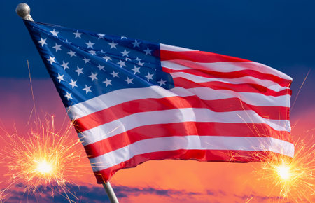 American Celebration - Usa Flag And Sparklers At Sunset, 4th of July, Independence Day, Celebration Concept.の写真素材
