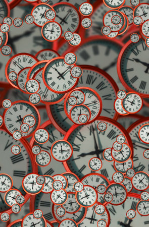 Large set of vintage clock faces. Texture of time, Elegant collection. 3d illustration.